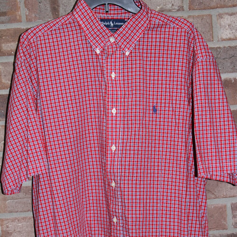 Ralph Lauren Shirt Men XL Blue Red White Blake Check Button Down Short Sleeve